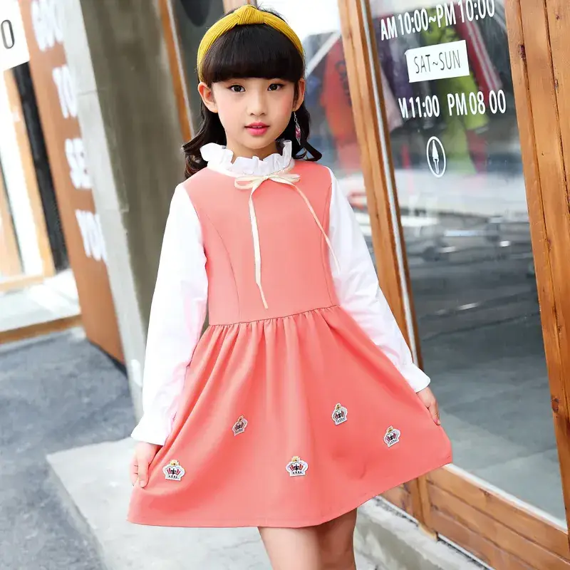 Korean 5-Piece Korean Version 6 Girls Dress 7 Big Children 8 Long Sleeve Dress 9 Korean Version of the Houndstooth 10 Children's Skirt - Image 5