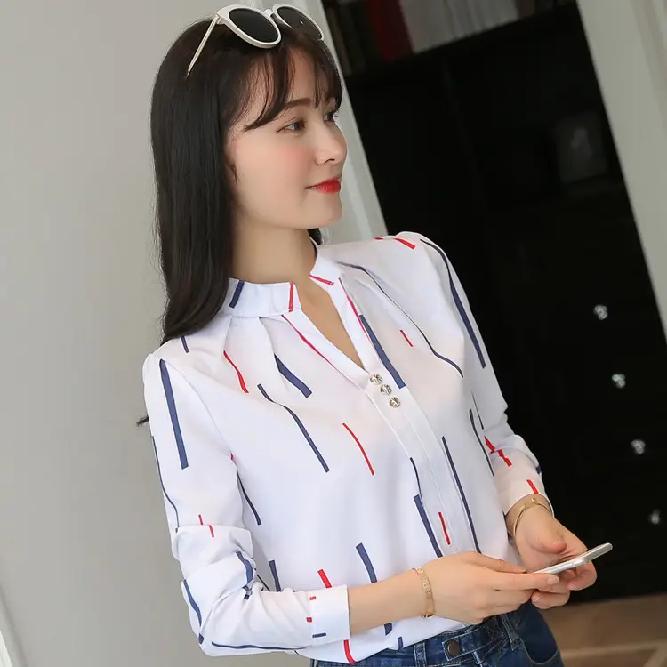 Women's 2024 Printed Long Sleeve Blouse White Black Geometric