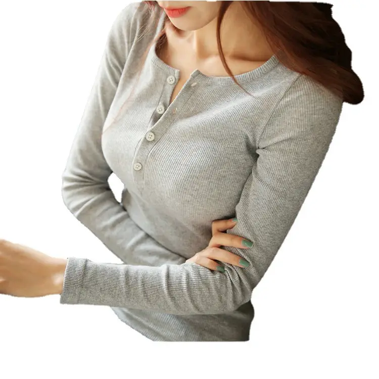 Women Slim Fit Button T-Shirt Long Sleeve White - Image 9
