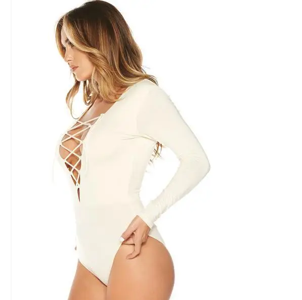 Long Sleeve V-Strap White Body Con Fit Suit - Image 3