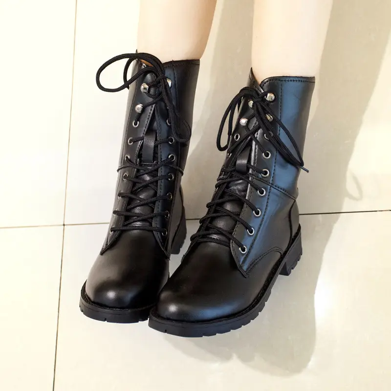 2024 New Lace-Up Martin Boots Motorcycle Boots Mid-Heel Short Boots Women's Army Boots British Fashion Handsome Couple Boots - Image 3