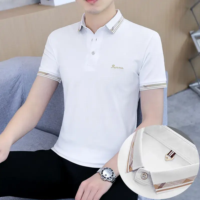 Men's White Polo T-Shirt with Logo & Lapel Design