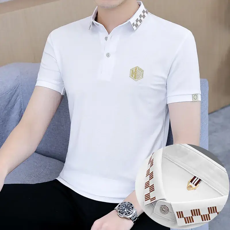 Men's White Polo T-Shirt with Logo & Lapel Design
