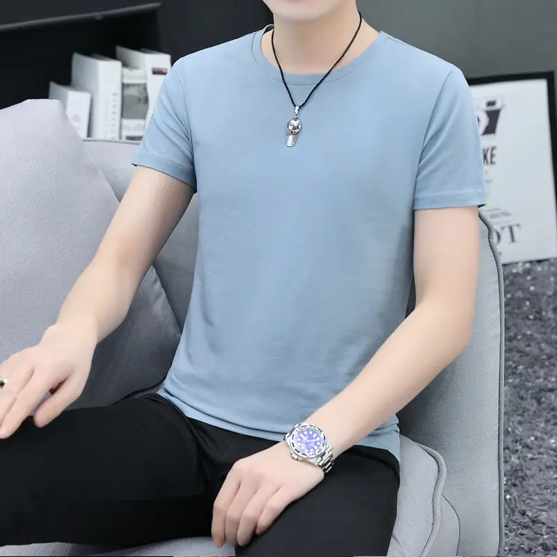 2025 Men Light Blue Slim Fit T-Shirt Round Neck - Image 6