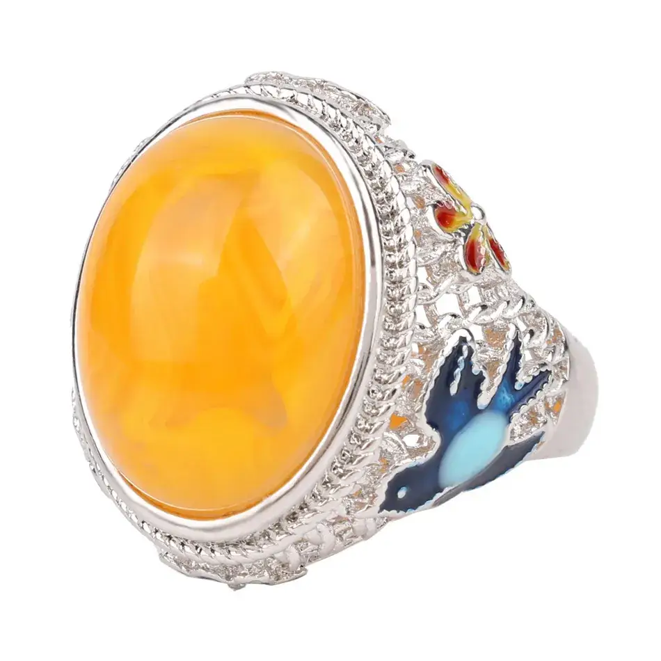 Turkish Blue Enamel Ring with Orange Gemstone - Image 2