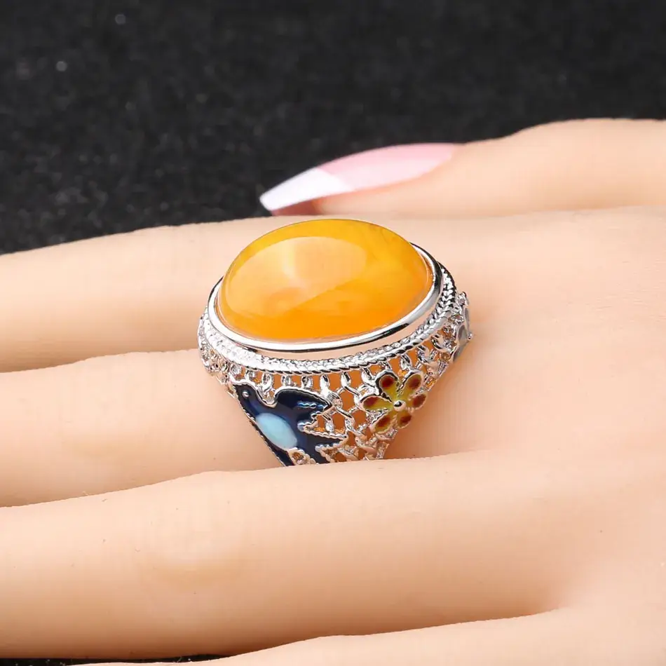 Turkish Blue Enamel Ring with Orange Gemstone - Image 3