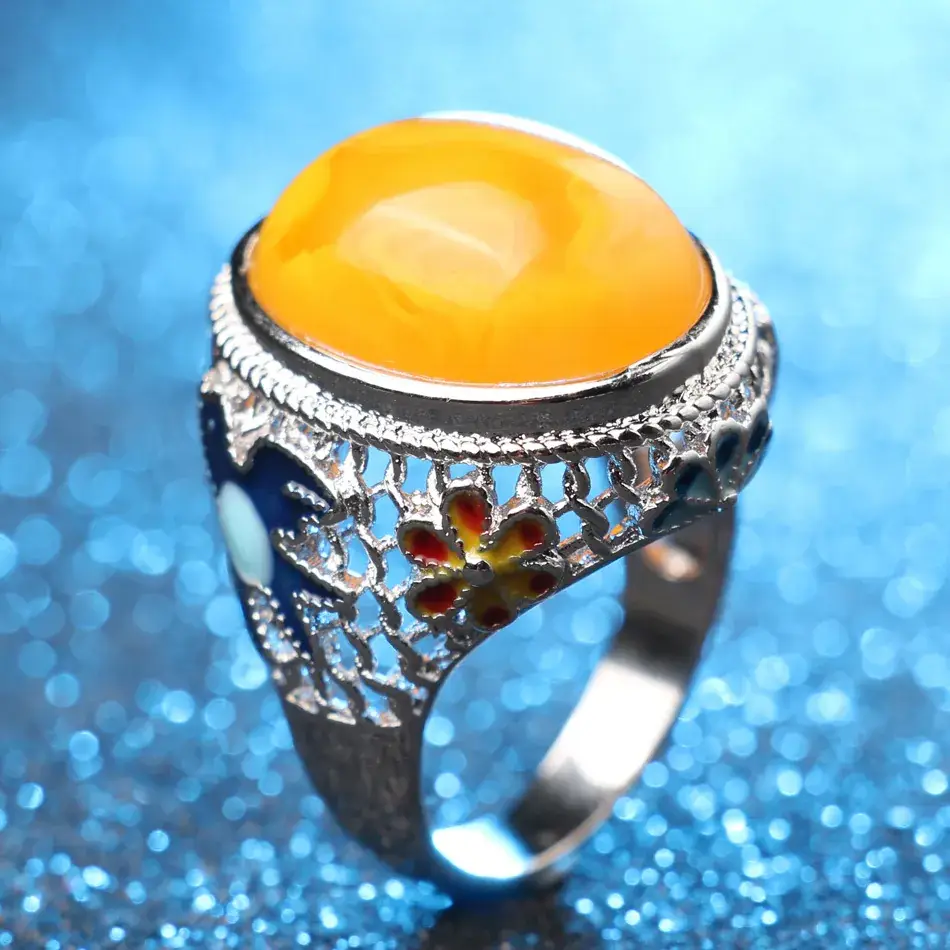 Turkish Blue Enamel Ring with Orange Gemstone - Image 4