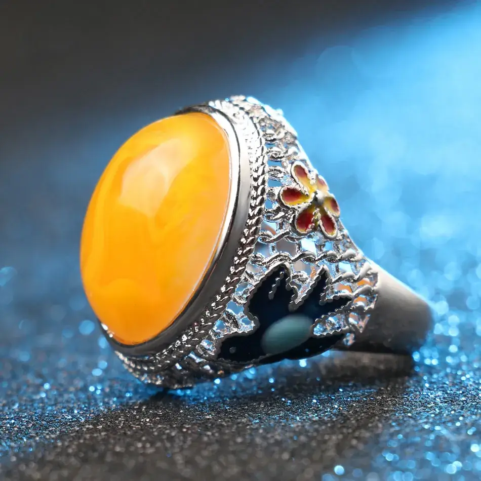 Turkish Blue Enamel Ring with Orange Gemstone - Image 5