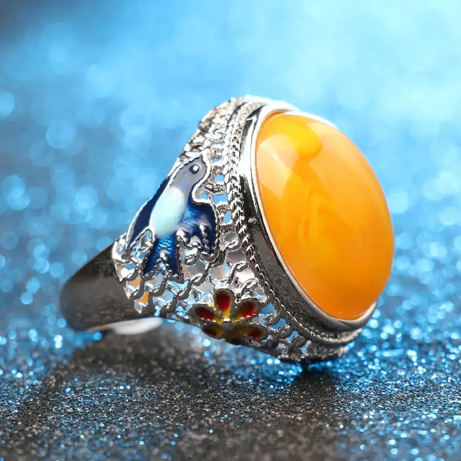 Turkish Blue Enamel Ring with Orange Gemstone - Image 6