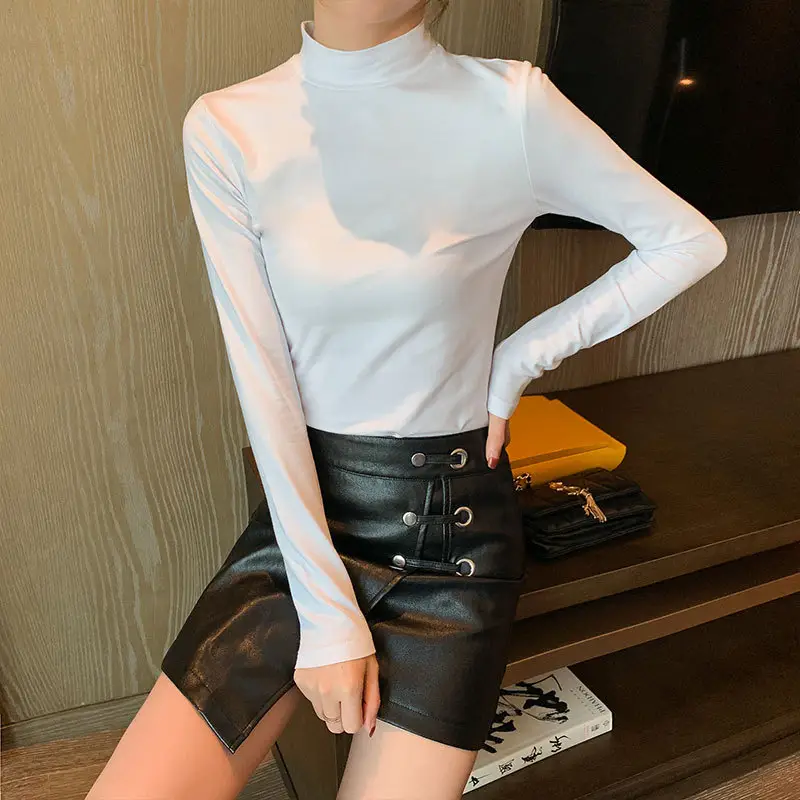 Women Grey Half Turtleneck Long Sleeve Shirt 2022 Winter Warm - Image 8