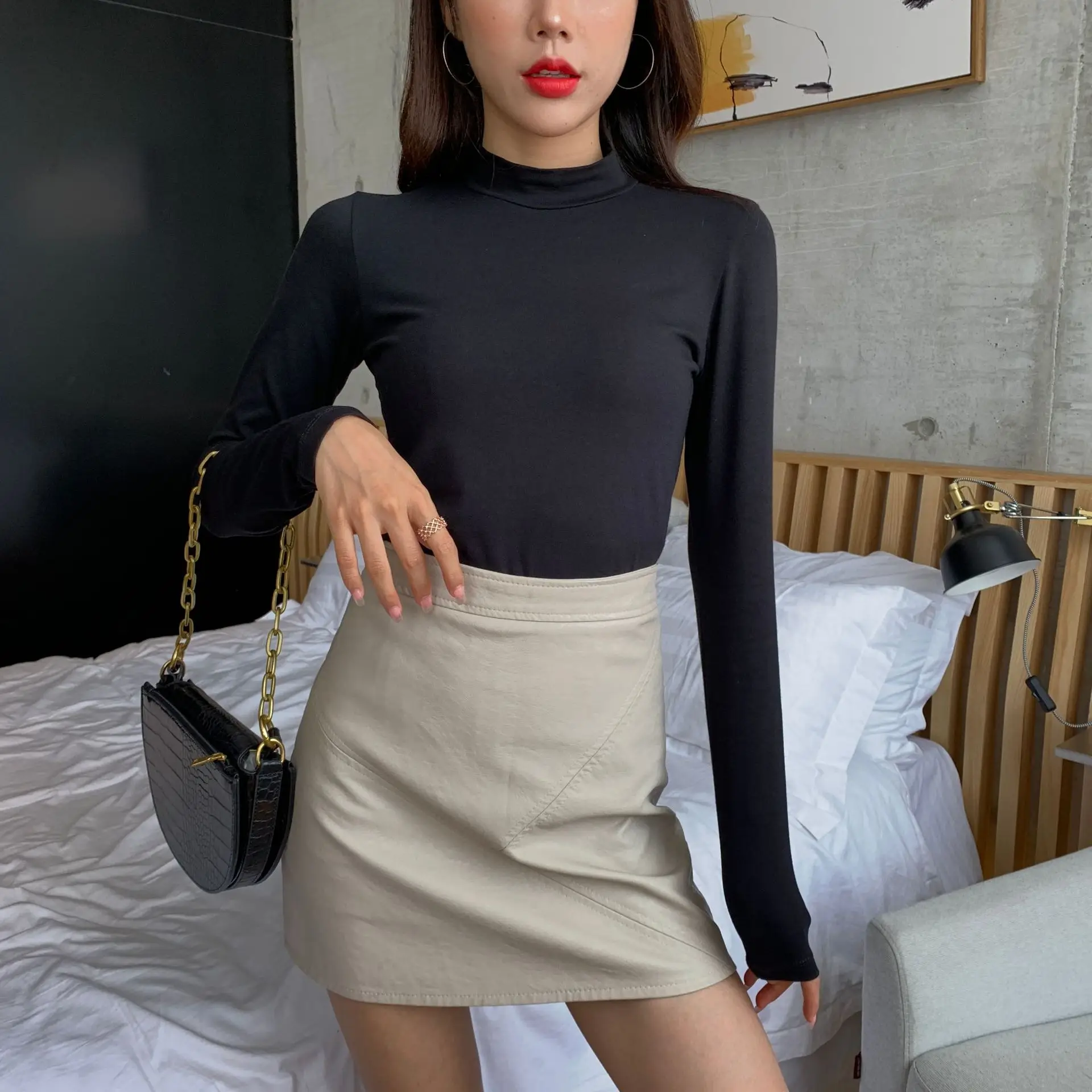 Women Grey Half Turtleneck Long Sleeve Shirt 2022 Winter Warm - Image 9