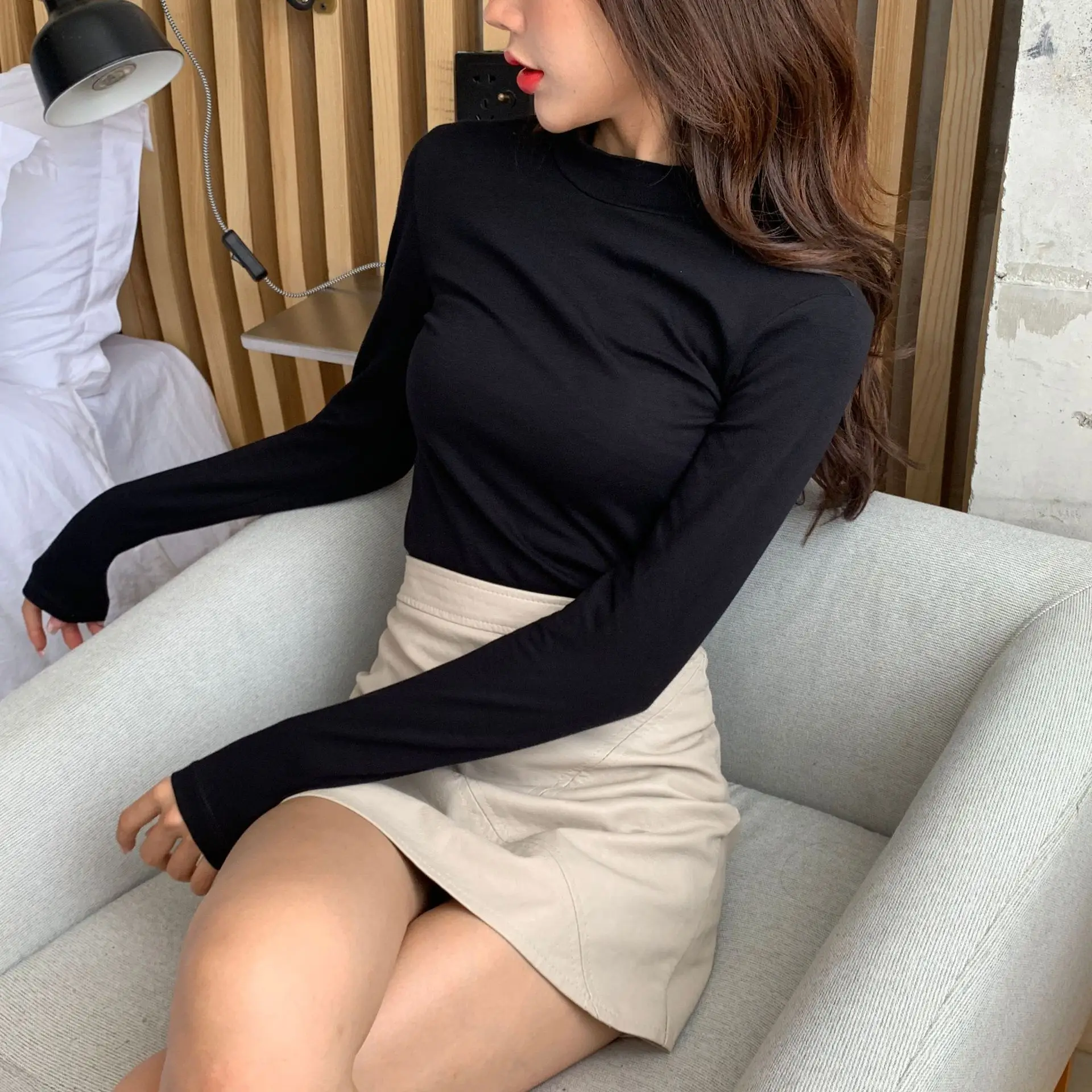 Women Grey Half Turtleneck Long Sleeve Shirt 2022 Winter Warm - Image 10