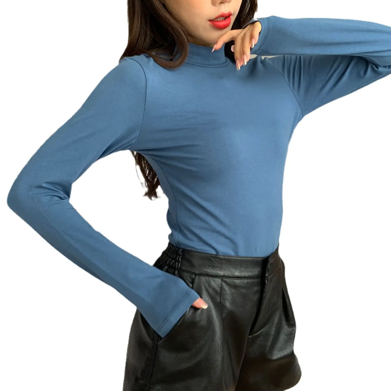 Women Grey Half Turtleneck Long Sleeve Shirt 2022 Winter Warm - Image 12