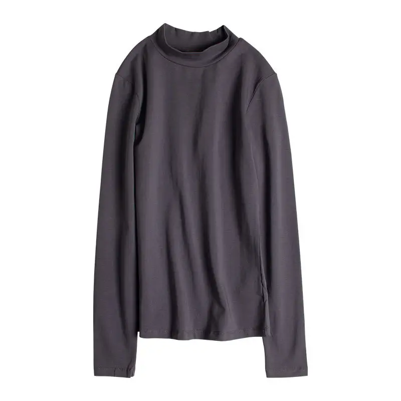 Women Grey Half Turtleneck Long Sleeve Shirt 2022 Winter Warm - Image 5