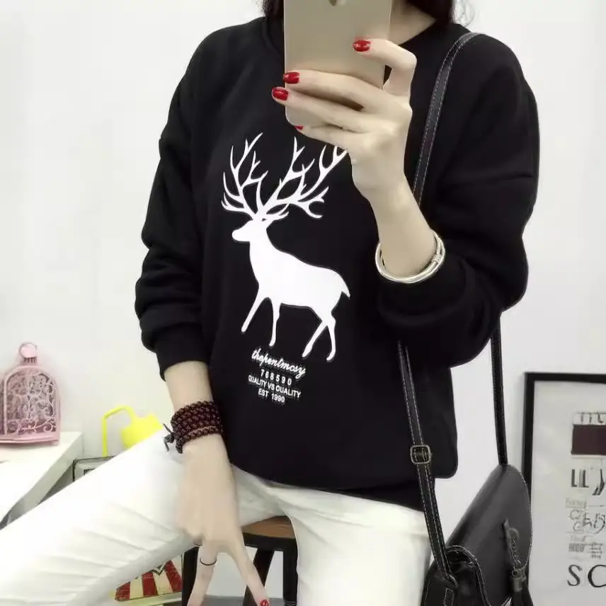 Black Deer Print Long Sleeve Sweatshirt for Women - Image 5