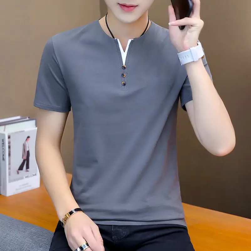 Men's Black Korean Style T-Shirt Round Neck Half Sleeve - Image 4