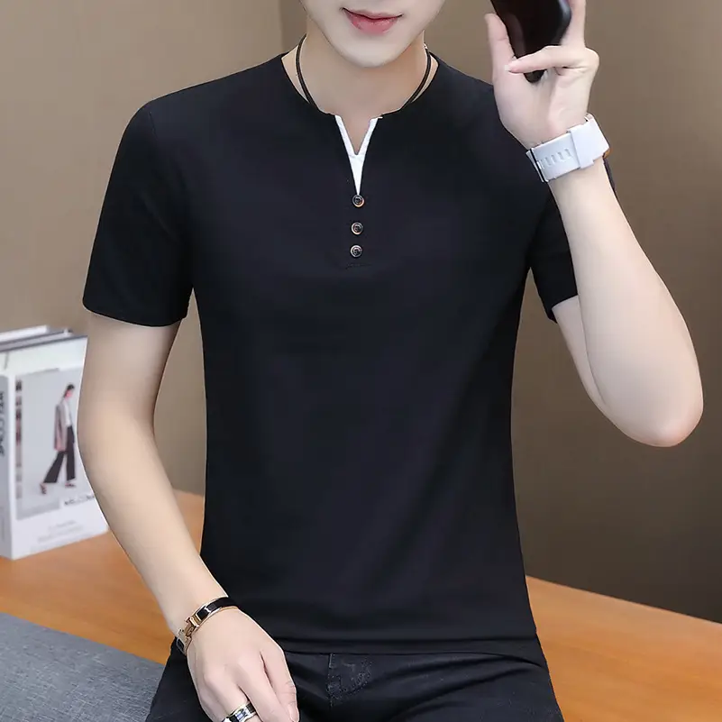 Men's Black Korean Style T-Shirt Round Neck Half Sleeve - Image 6