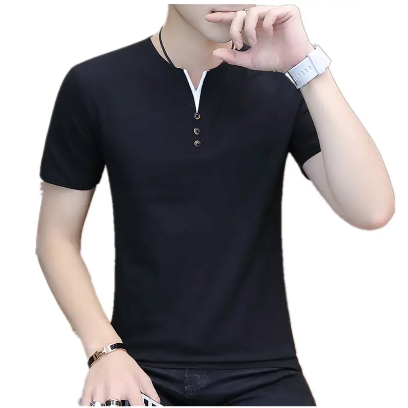 Men's Black Korean Style T-Shirt Round Neck Half Sleeve - Image 7