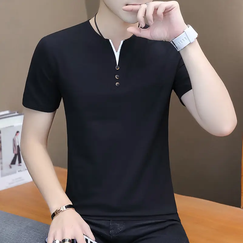 Men's Black Korean Style T-Shirt Round Neck Half Sleeve - Image 2