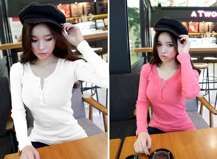 2025 Women Pink Long Sleeve Button T-Shirt Slim Fit — feature 16