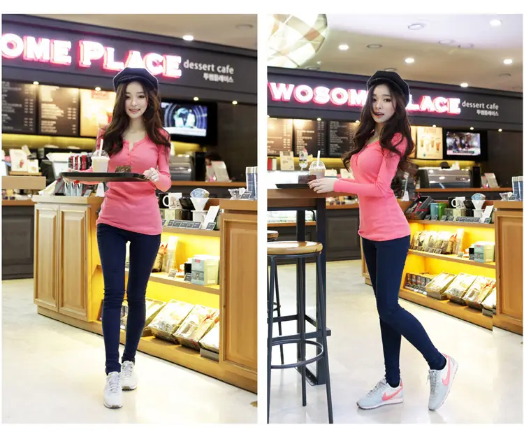 2025 Women Pink Long Sleeve Button T-Shirt Slim Fit — feature 21
