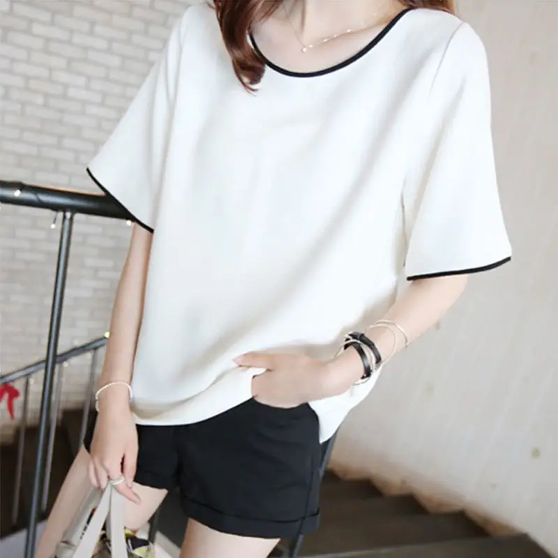 White Short Sleeve T-Shirt Round Neck Large Women - Image 4