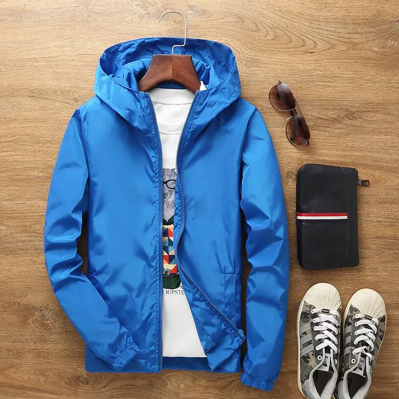 Blue Men's Double-Layer Hooded Jacket with Logo Print - Image 12