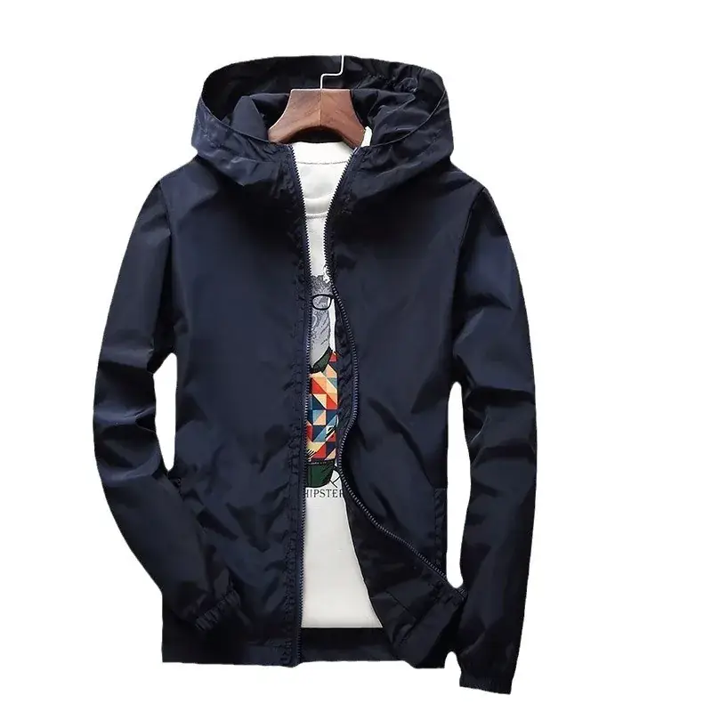 Blue Men's Double-Layer Hooded Jacket with Logo Print - Image 15