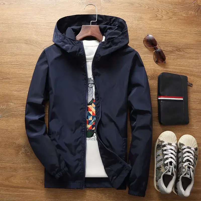 Blue Men's Double-Layer Hooded Jacket with Logo Print - Image 10