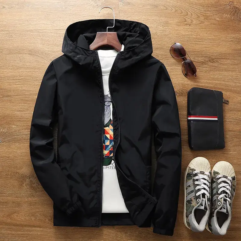 Blue Men's Double-Layer Hooded Jacket with Logo Print - Image 3