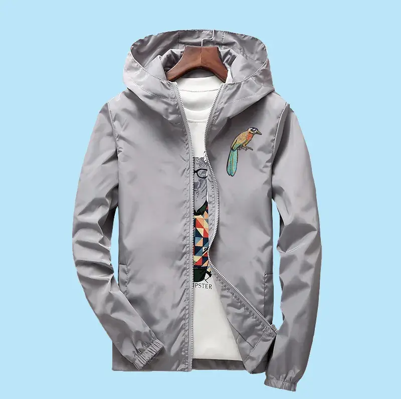Men's Turquoise Hooded Windbreaker Jacket with Embroidery - Image 3