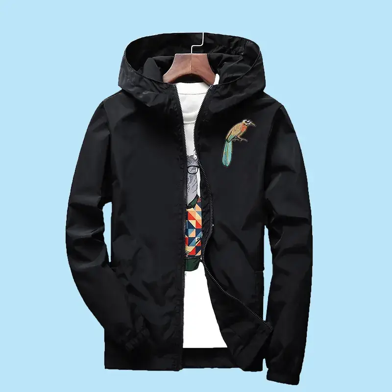 Men's Turquoise Hooded Windbreaker Jacket with Embroidery - Image 4