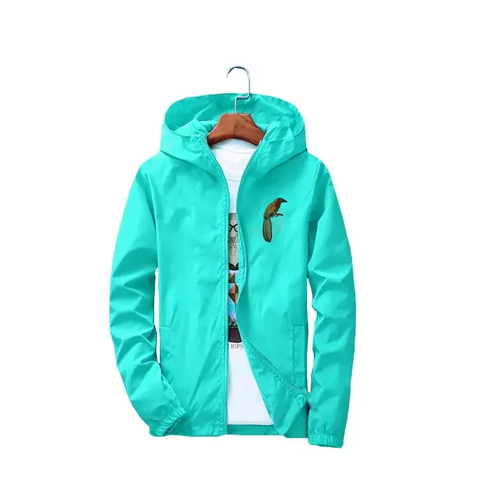 Men's Turquoise Hooded Windbreaker Jacket with Embroidery - Image 9