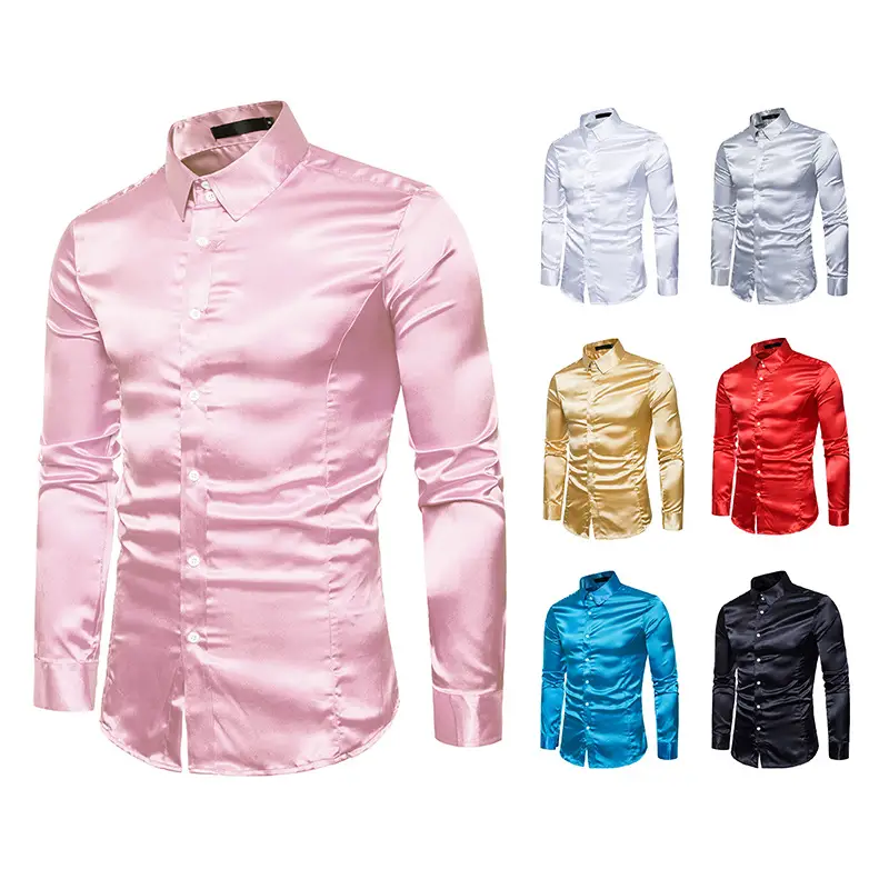 Men's Pink Satin Lapel Shirt A35 - Image 14