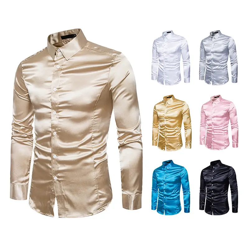 Men's Pink Satin Lapel Shirt A35 - Image 15