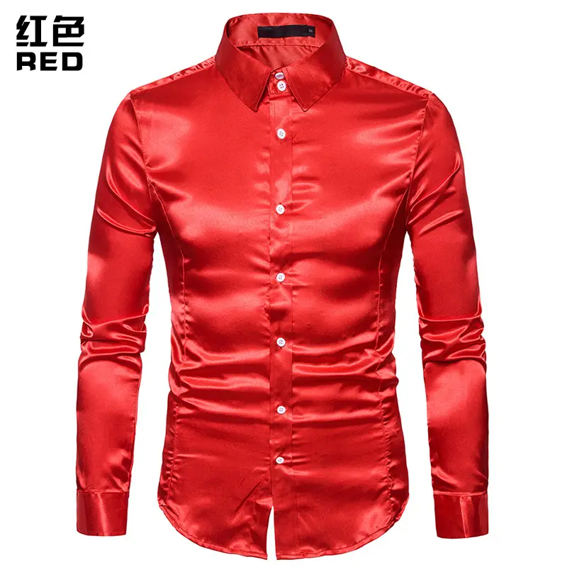 Men's Pink Satin Lapel Shirt A35 - Image 3