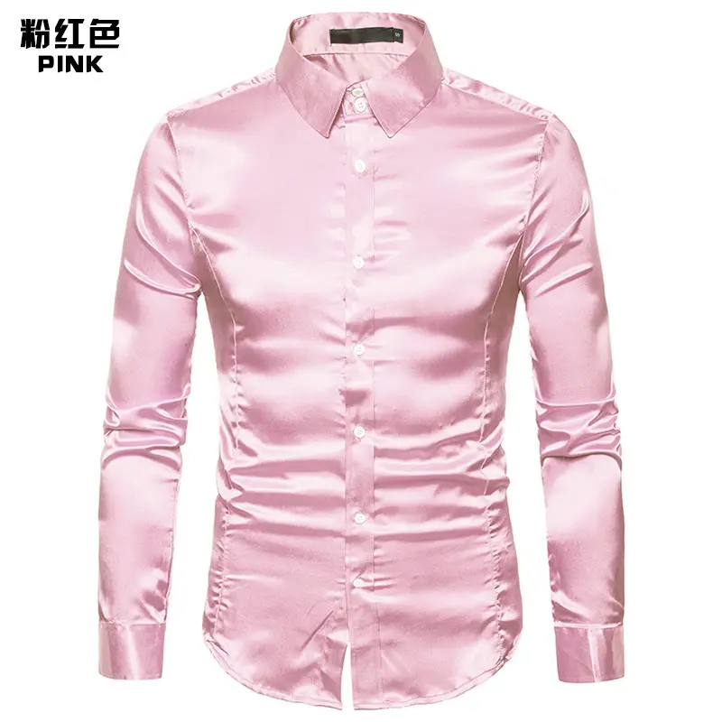 Men's Pink Satin Lapel Shirt A35 - Image 6
