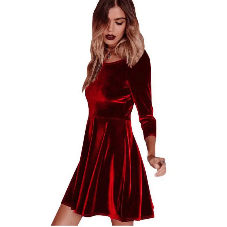 Gold Velvet Long Sleeve Dress for Women - Image 7