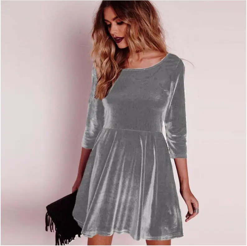 Gold Velvet Long Sleeve Dress for Women - Image 9