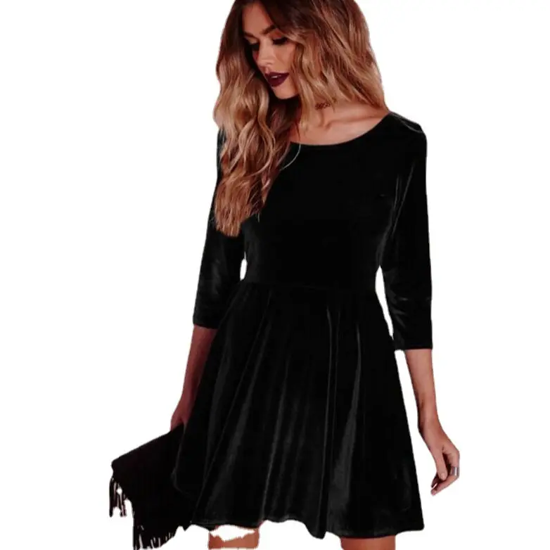 Gold Velvet Long Sleeve Dress for Women - Image 10