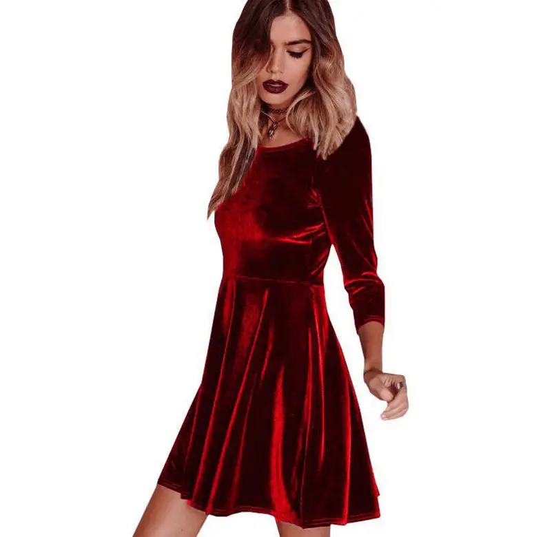 Gold Velvet Long Sleeve Dress for Women - Image 3