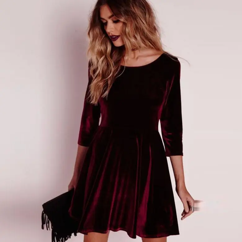 Gold Velvet Long Sleeve Dress for Women - Image 4