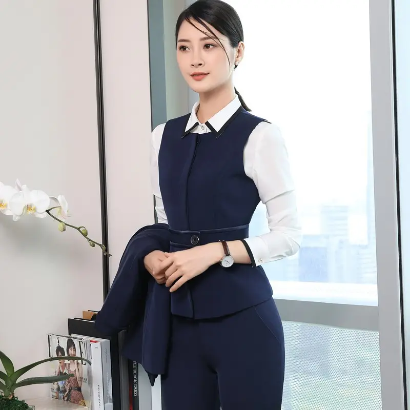 Korean Slim Fit Navy Blue Vest Set for Women - Image 3