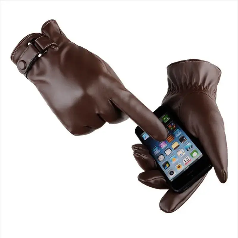 Winter Touch Screen Gloves for Men Women Brown Leather Warm Waterproof - Image 5