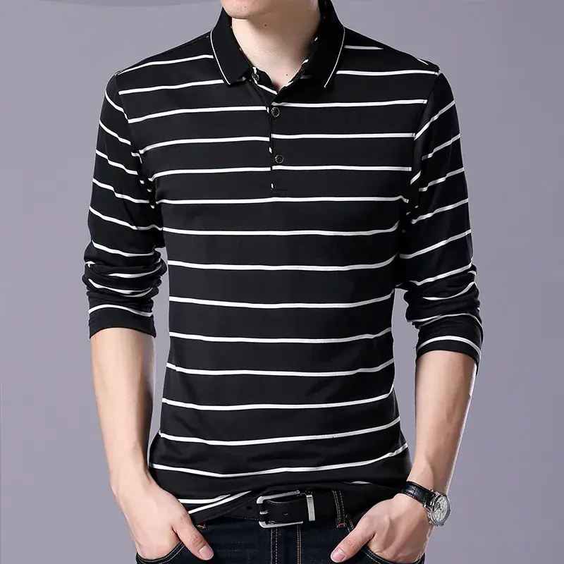 Men Cotton Striped Slim Fit T-Shirt Black White - Image 2