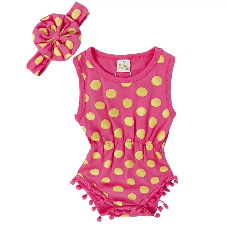 Pink Polka Dot Cotton Romper with Headscarf Set - Image 2