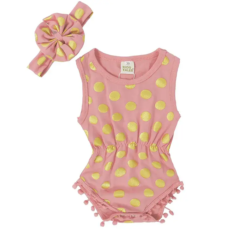 Pink Polka Dot Cotton Romper with Headscarf Set - Image 3