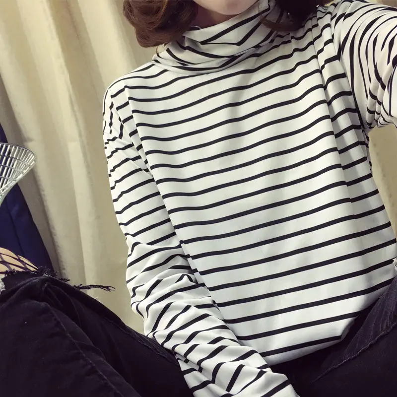 Long Sleeve Striped Women's Turtleneck Top - Image 2