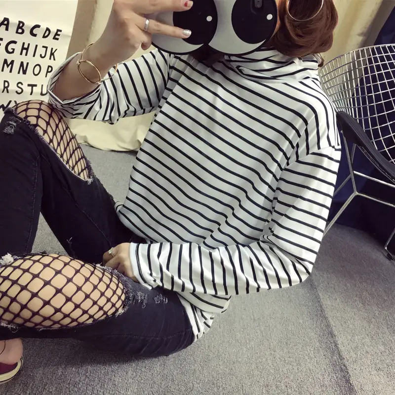 Long Sleeve Striped Women's Turtleneck Top - Image 3