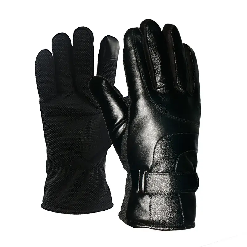 Men Winter Leather Gloves Black Thickened Blue - Image 4